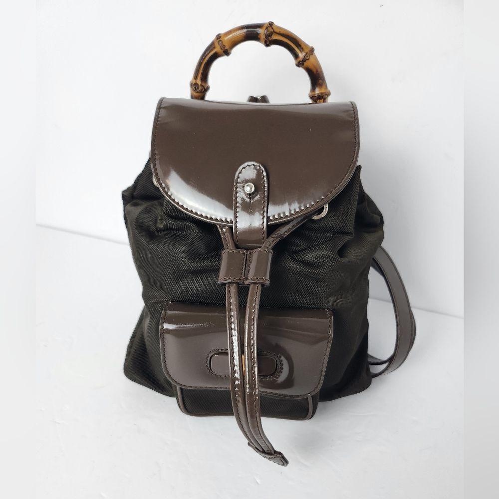 Gucci Bamboo Backpack Nylon Enamel Brown Made In Italy 8x8